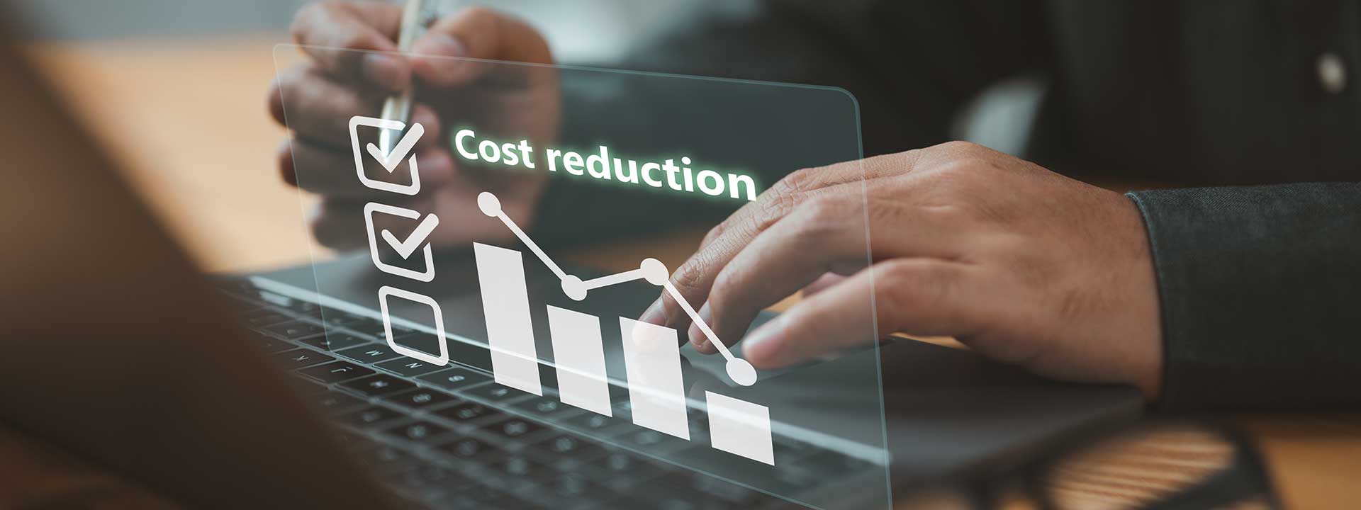 Businessman lowering the arrow of a graph, concept of cost reduction. Along with the down arrow, emphasizes the importance of effective budgeting and cost management strategies in business.